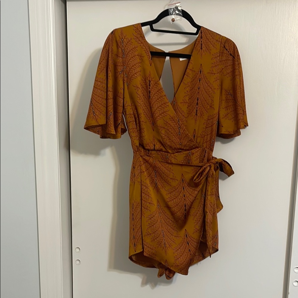 Burnt Orange Wrap Romper with Leaf Print